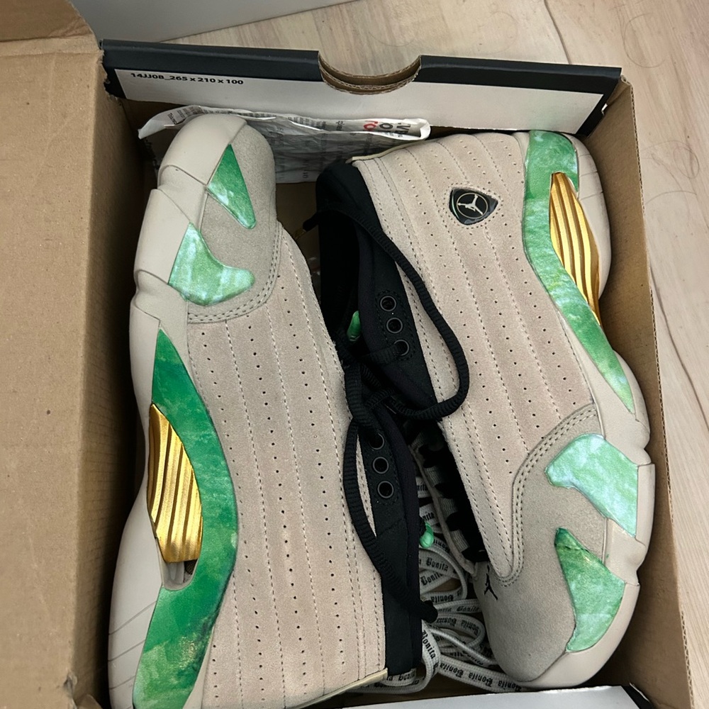 Jordan 14 Sneakers in Beige, Green, and Gold